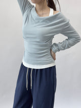 Getz Halterneck Shirred Drape Contrast Long Sleeve T-shirt