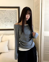 Royu Unbal Asymmetrical Color-Block Shirred One-Off-Shoulder Long-Sleeve T-Shirt