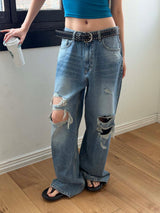Knee destroyed wide denim pants