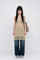 FRINGE-HEM KNIT V-NECK DRESS IN BEIGE