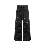 Black 100% Nylon Allover Butterfly Print Wide-Leg Parachute Pants with Drawstring Waist for Women