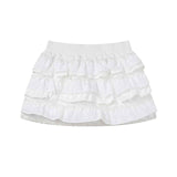 White Lace-Trim Tiered Ruffle Mini Skirt with Ribbed Elastic Waistband for Women