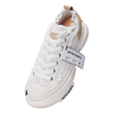 White Frayed Canvas Chunky Platform Sneakers, Unisex Low Top Lace-Up Casual Streetwear Shoes