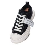 Black 70s Frayed Canvas Platform Sneakers, Unisex Low Top Lace Up Shoes
