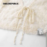 Ivory Nylon Jacquard Lace Bow Detail Cropped Cardigan and Cotton Blend Camisole Two Piece Set