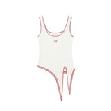 White Ribbed Contrast-Stitch Asymmetric Tie-Hem Tank Top with Butterfly Embroidery