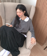 ラウンドカラーストライプフリルTシャツ