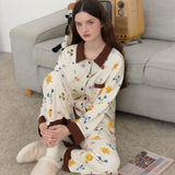 オータム ブラウン リーフアンドフローラル プリント パジャマセット - 100% Brushed Cotton Plush Sleepwear