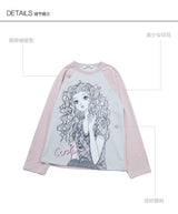 CONFUN オリジナルプリントコントラストカラーショルダーロングスリーブトップス