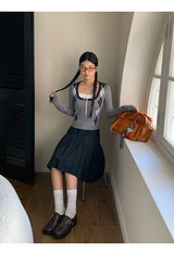 アーガイル スクエア ネック ロング スリーブ ニットTシャツ