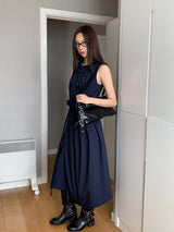 Navy Pleats Wrap Long Sleeveless Dress