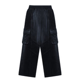 Washing Corduroy Cargo Banding Denim Pants Black