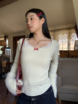 Mink Cuffs Square Neck Lace Long Sleeve T-shirt