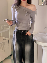 Ribbon Strap One Shoulder Slim T-Shirt (3color)