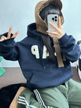 フリース🔥ハットプリンティングレタリングタトゥーパッチビッグフーディー 💙🩶🤎3COLOR