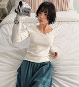 レース トリム Vネック ロングスリーブ