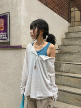 Dre Stripe Summer Button Off-Shoulder Long Sleeve Tee