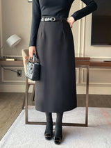 Cre wool pin tuck H-line slit long skirt (belt set)