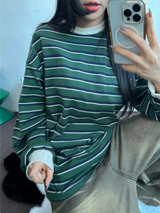 STRIPE OVER BOXY BOYFRIEND LONG SLEEVE T SHIRT ❤💚🩵🧸4COLOR