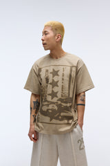 Sound wave artwork damage washing T-shirt (Beige)
