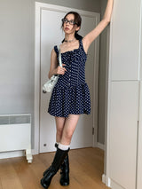 Navy Dotted Square Neck Flared Dress