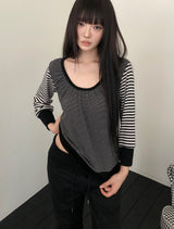 ミナミ ストライプド Uネック 9分袖 Tシャツ