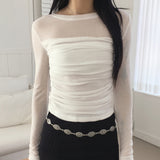 Rukin shirring top layered see-through long sleeve t-shirt