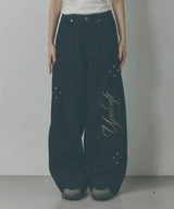 サイド ピンタック リベット ワイド デニム パンツ [Washed Blue]