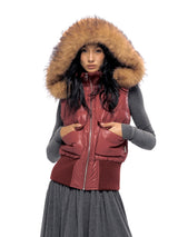 NyDkyel™ Vintage red padded waistcoat with removable fur collar