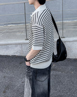 Windy Buckle Stripe Collar Short Sleeve Knit