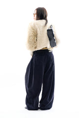 Ribbon tie up soft crop fur jacket