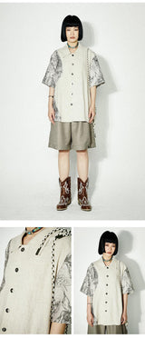 Retro cotton and linen patchwork short-sleeved shirt, summer casual loose fit blouse