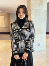 Marron Sailor Collar Hound Check Knit Jacket Cardigan