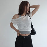 [Jace] Flower Lace See-Through One Shoulder Cropped Short-Sleeved T-Shirt - 3 colors