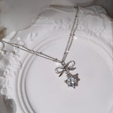 [NMIXX Sullyoon Necklace] デインティハート＆リボンセミチョーカーネックレス - シルバーカラー