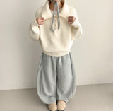 Isom leg run loose fit big collar button knit