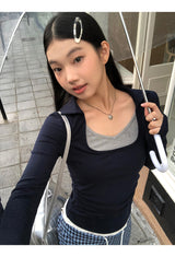 スクエアネイビーレイヤード長袖Tシャツ