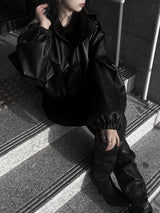 high neck cropped leather jacket