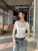 Double Layered Color V-Neck Long Sleeve T-Shirt