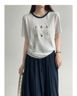 カラーブロックカートゥーン刺繍Tシャツ