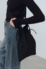 SUEDE STRING SHOULDER BAG - BLACK