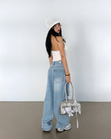Lace torn jeans. Wide jeans