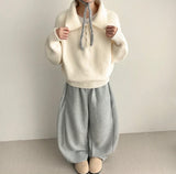 Sosom hem snap side pin tuck slit fleece wide pants