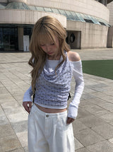 Puol テンション スリム オフショルダー Tシャツ