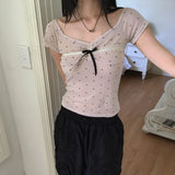 Bille Dot Lace Ribbon See-Through Short-Sleeved T-Shirt