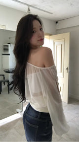[ slit point ] forget-me-not long chiffon drape lose blouse