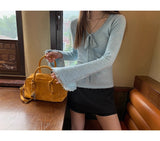 Sky V-neck Lace Bow Long Sleeve T-shirt