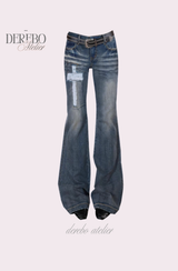 Cross-washed long semi-bootcut denim