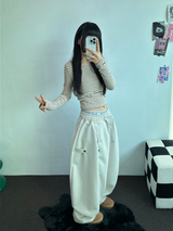 フリース❤サイドシャーリングストライプクロッピードロングスリーブTシャツ 🧸🤎🩶🩵3カラー