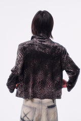 LEOPARD VELVET DOUBLE-HEAD COLOR-TOOTH ZIPPER SMUDGED SPRAY DISTRESSED TAILORED STAND COLLAR JACKET